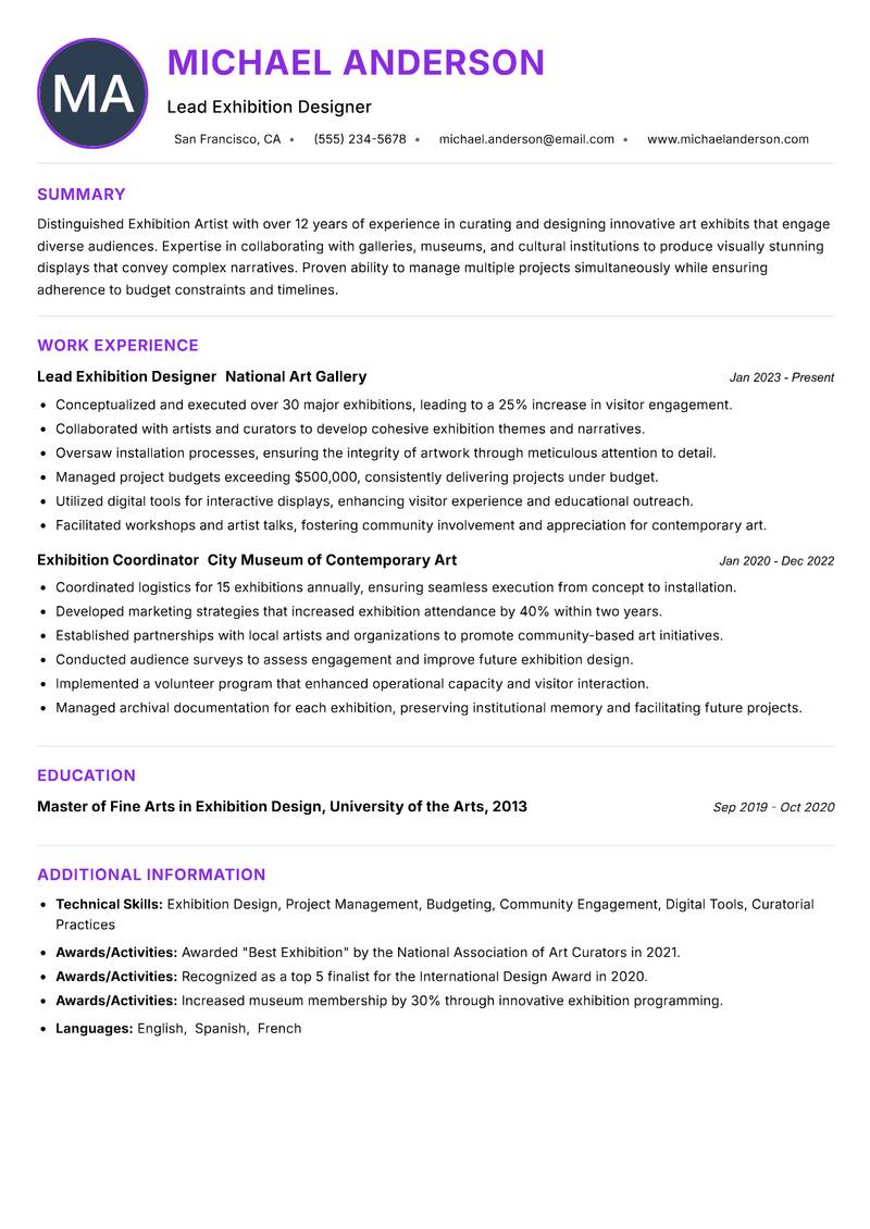 Exhibition Artist resume example