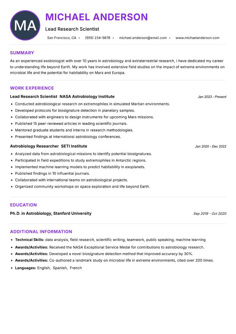 Exobiologist resume example