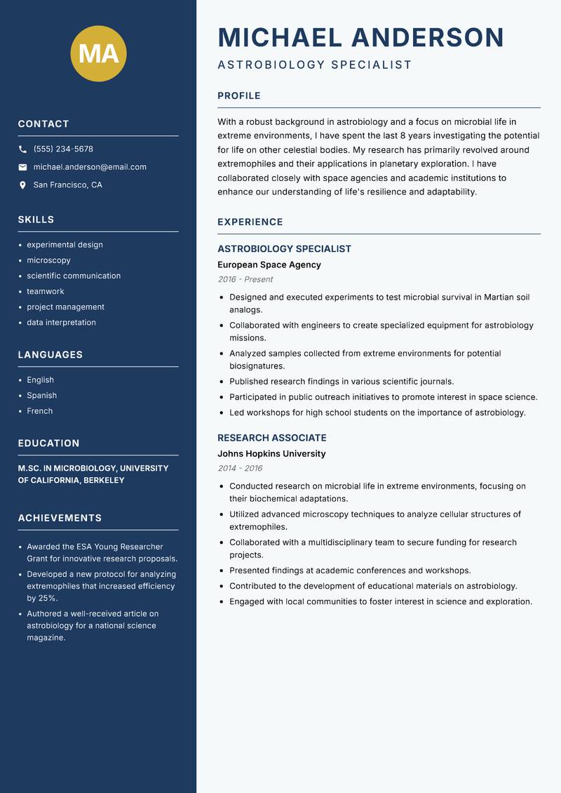 Exobiologist resume sample — Astrobiology Specialist focus
