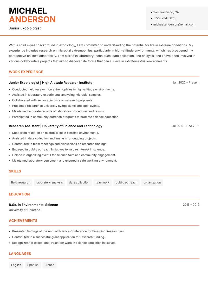 Exobiologist resume sample — Junior Exobiologist focus