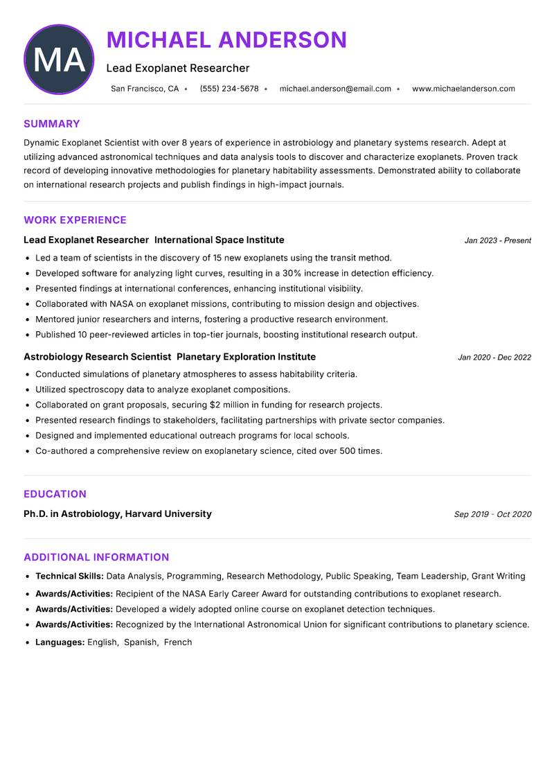 Exoplanet Scientist resume example