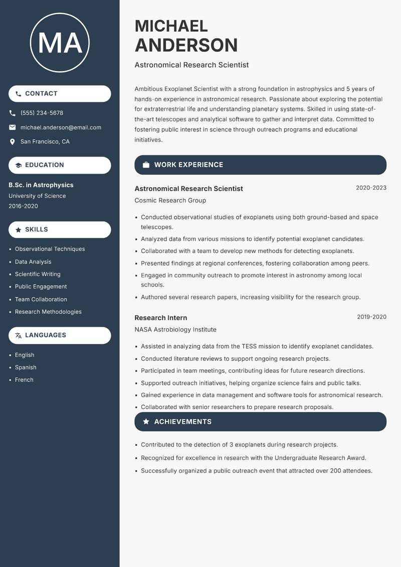 Exoplanet Scientist resume sample — Astronomical Research Scientist focus