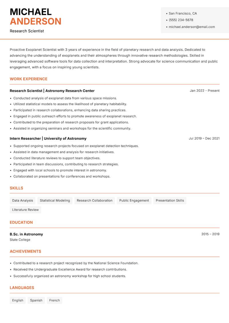 Exoplanet Scientist resume sample — Research Scientist focus