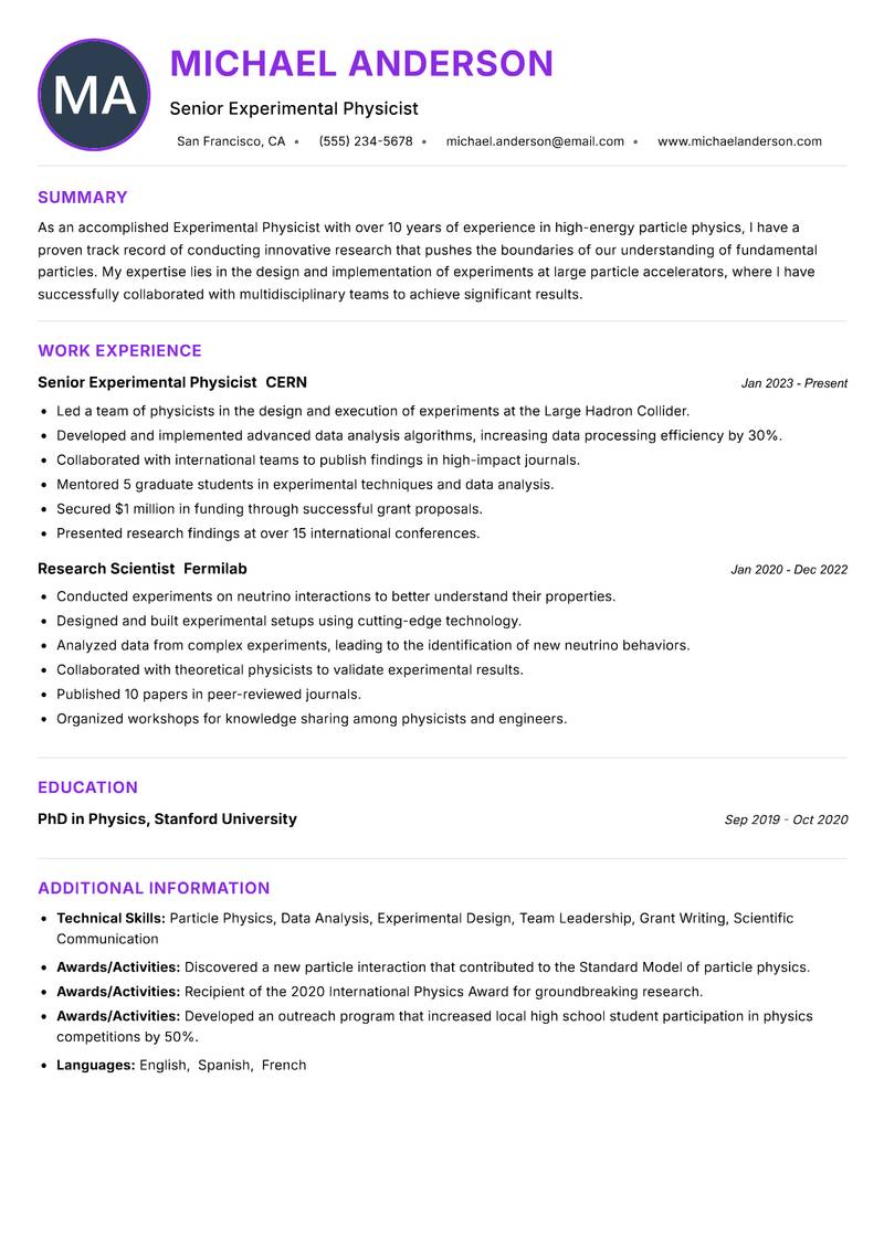 Experimental Physicist resume example