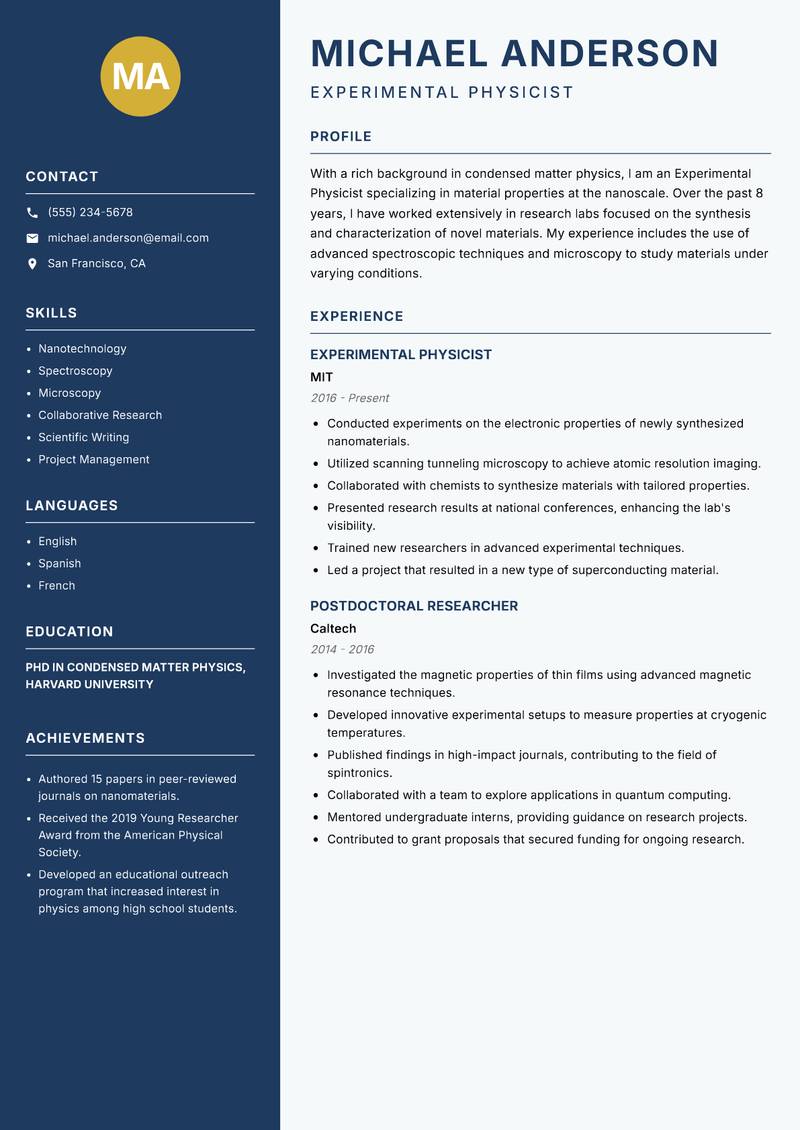 Experimental Physicist resume sample — Experimental Physicist focus
