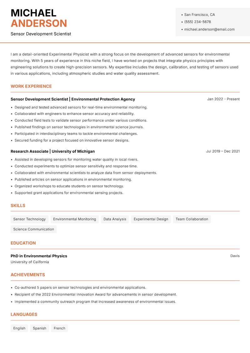 Experimental Physicist resume sample — Sensor Development Scientist focus