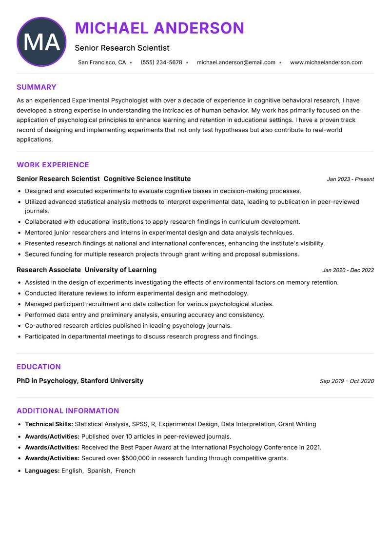 Experimental Psychologist resume example