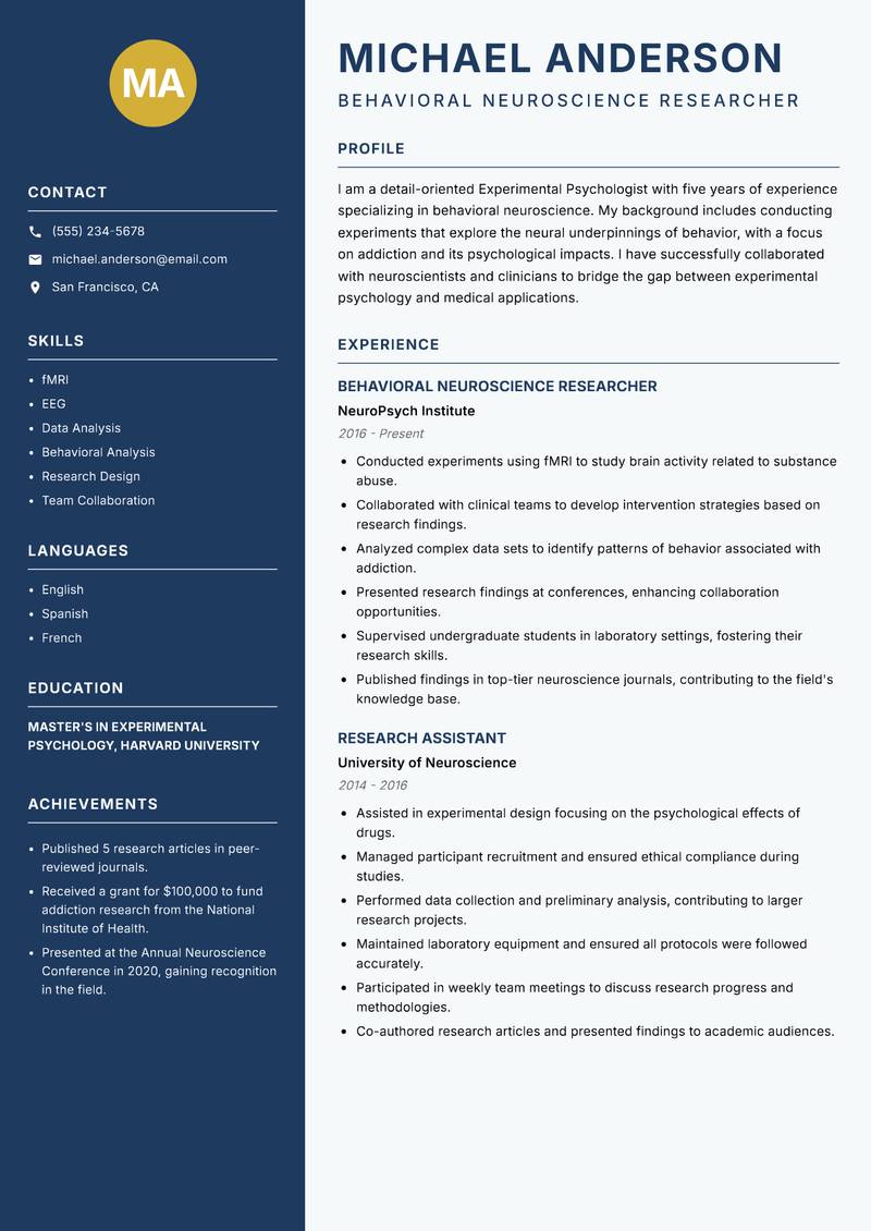 Experimental Psychologist resume sample — Behavioral Neuroscience Researcher focus