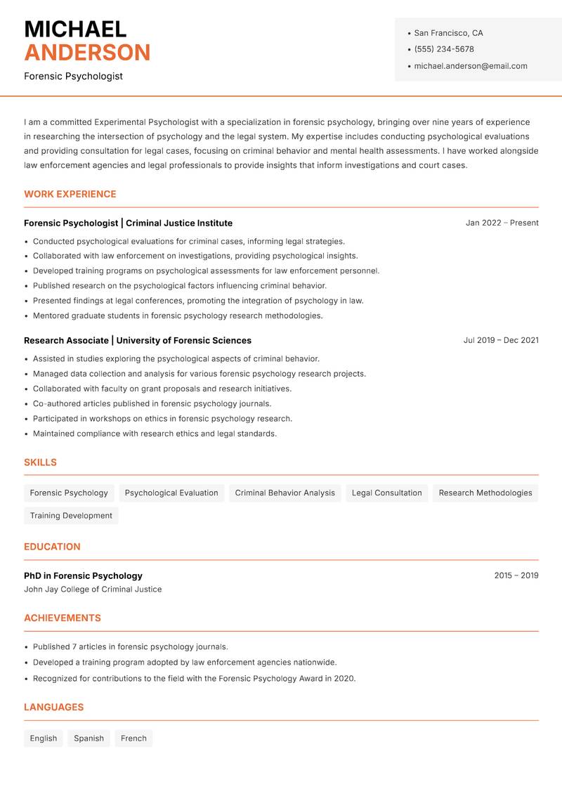 Experimental Psychologist resume sample — Forensic Psychologist focus