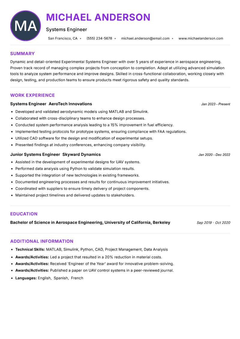 Experimental Systems Engineer resume example