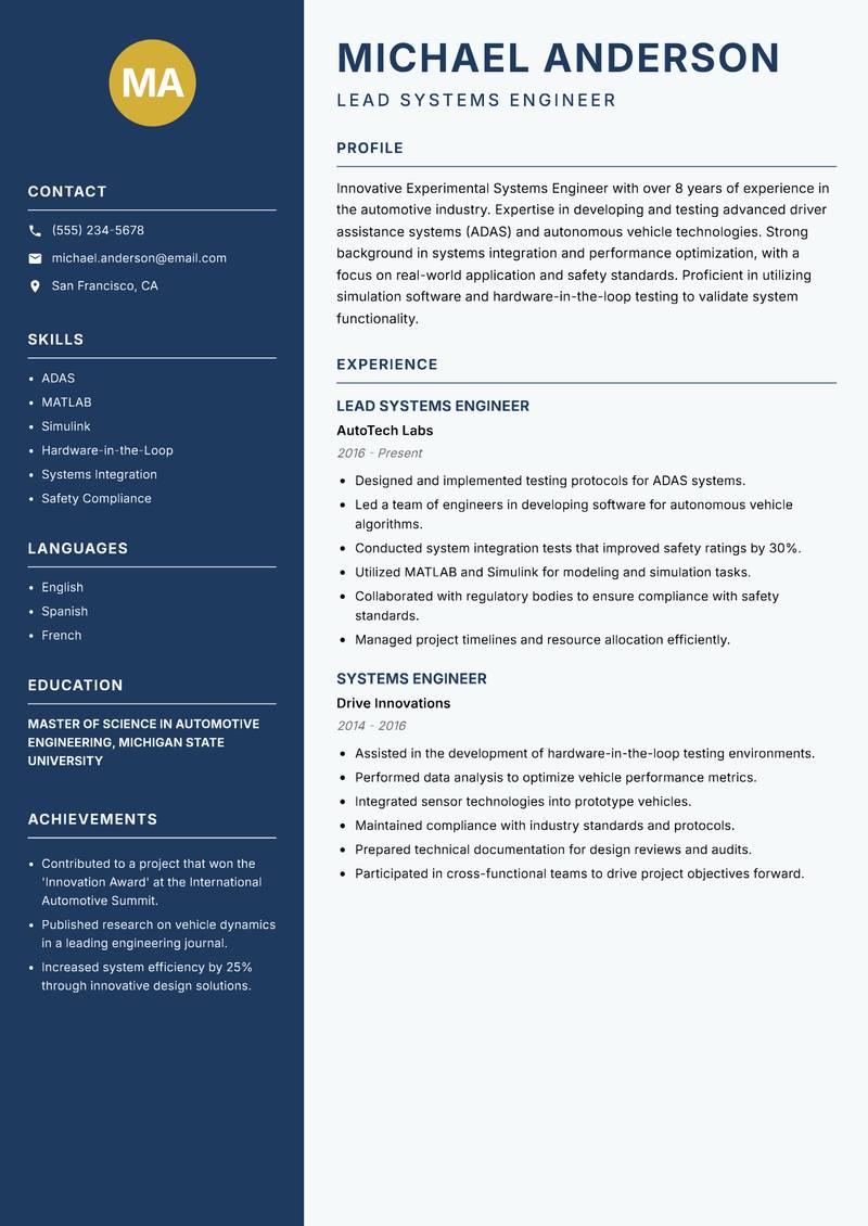 Experimental Systems Engineer resume sample — Lead Systems Engineer focus