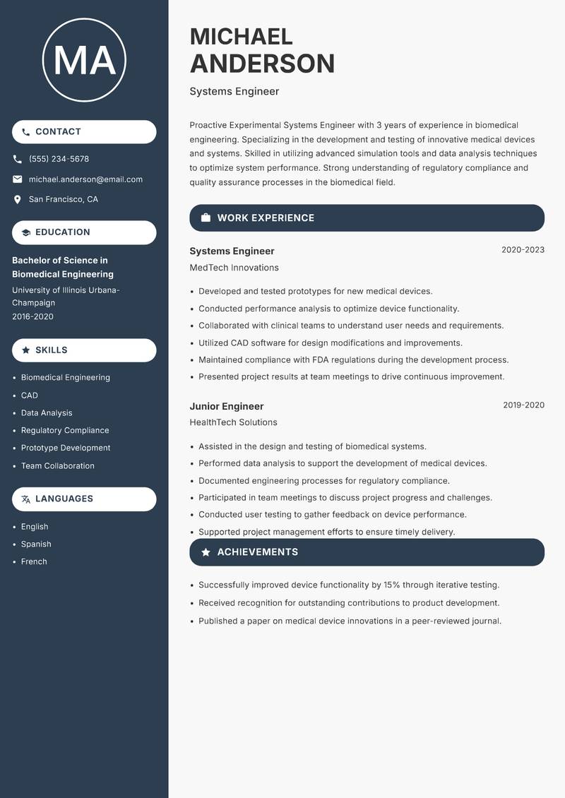Experimental Systems Engineer resume sample — Systems Engineer focus