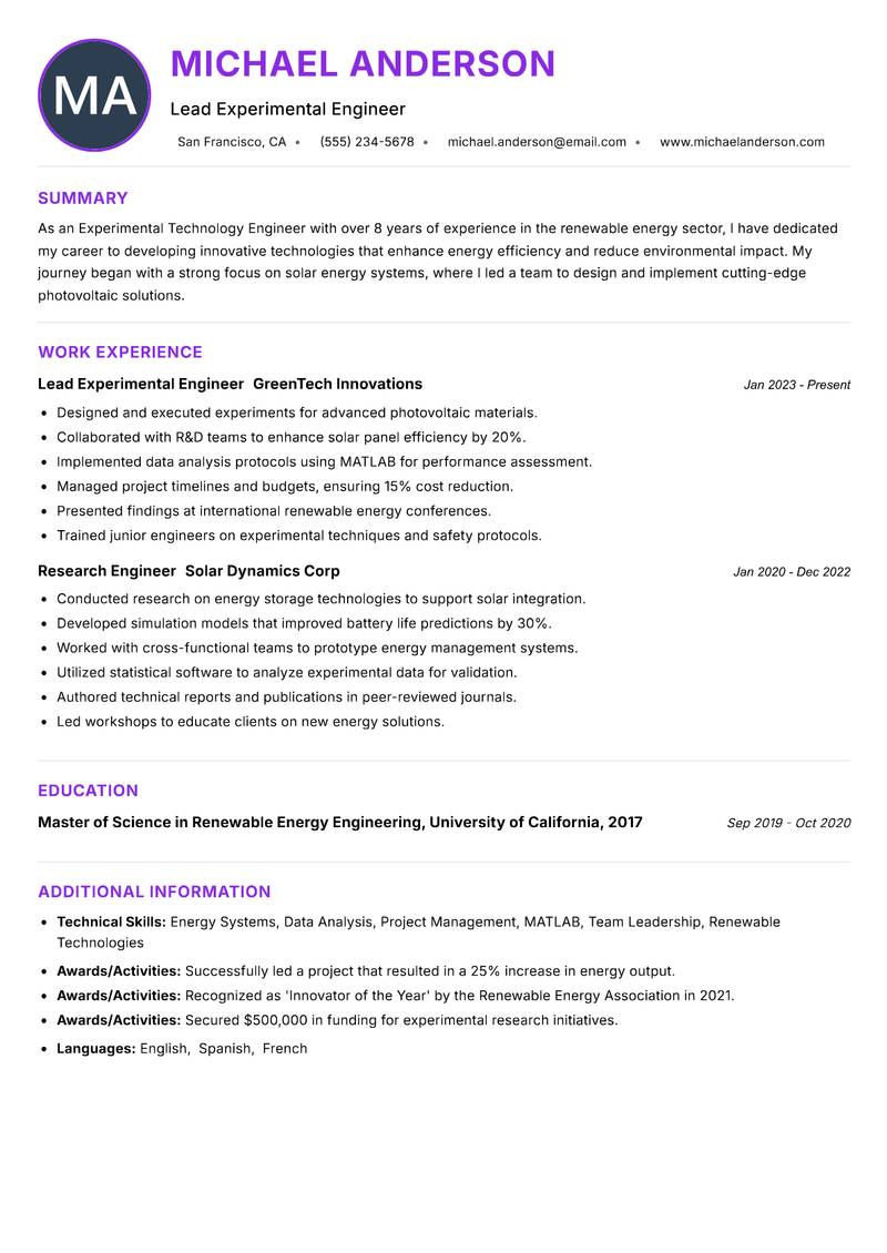 Experimental Technology Engineer resume example