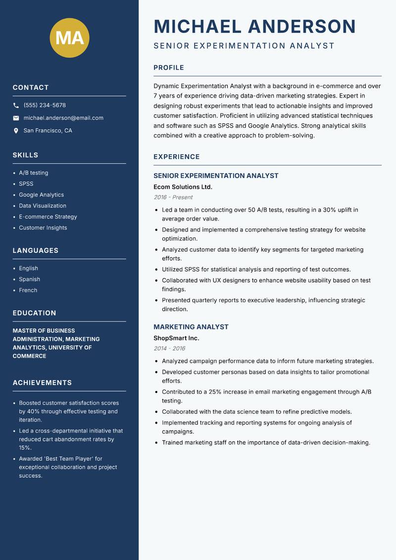 Experimentation Analyst resume sample — Senior Experimentation Analyst focus