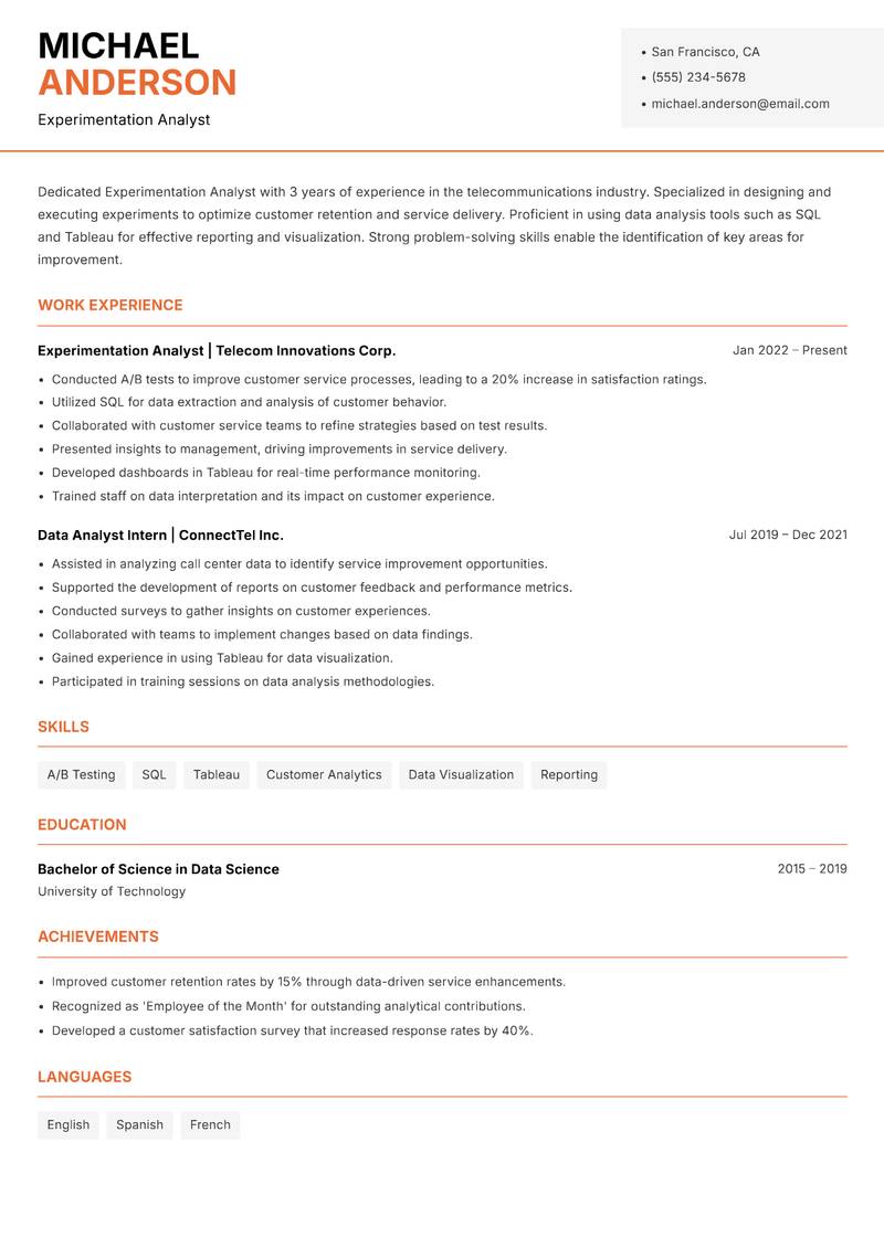 Experimentation Analyst resume sample — Experimentation Analyst focus