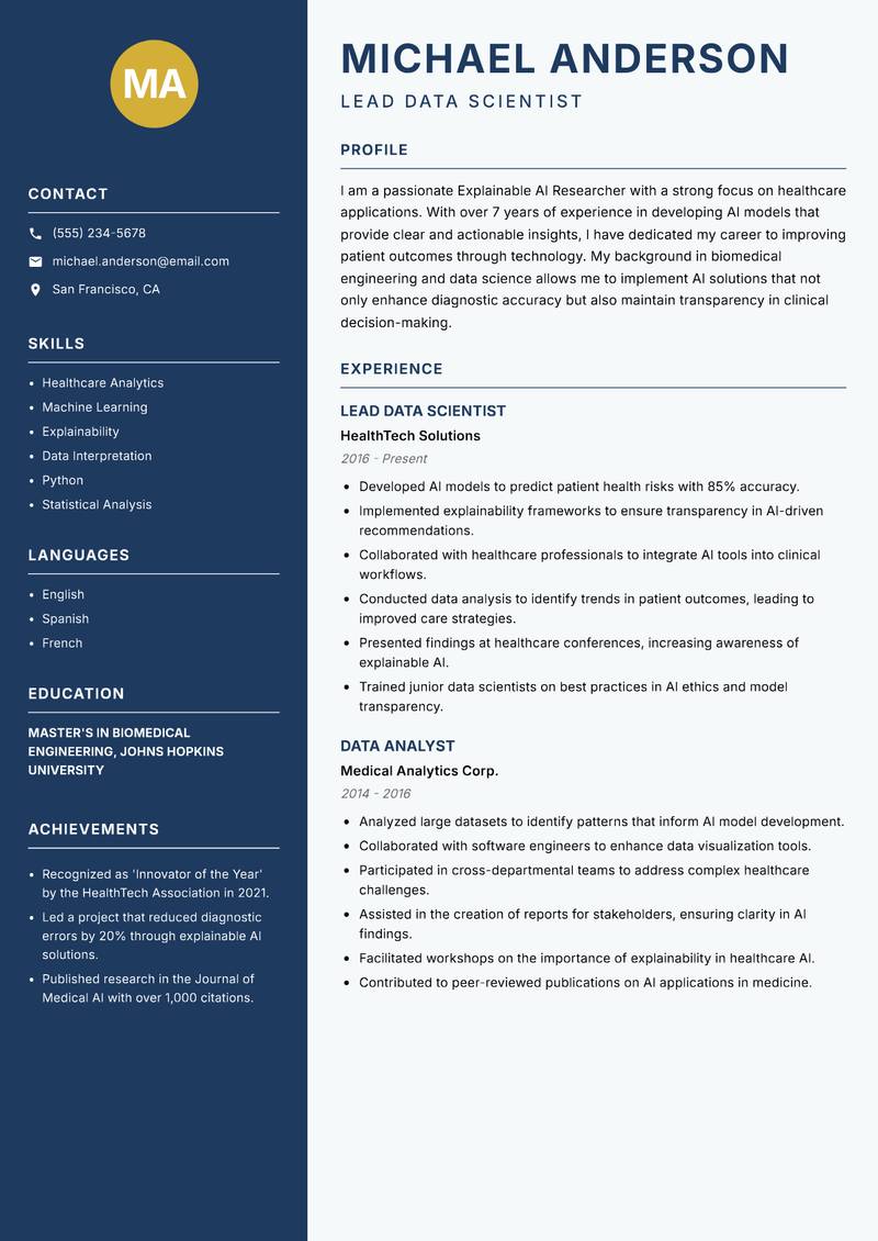 Explainable AI Researcher resume sample — Lead Data Scientist focus