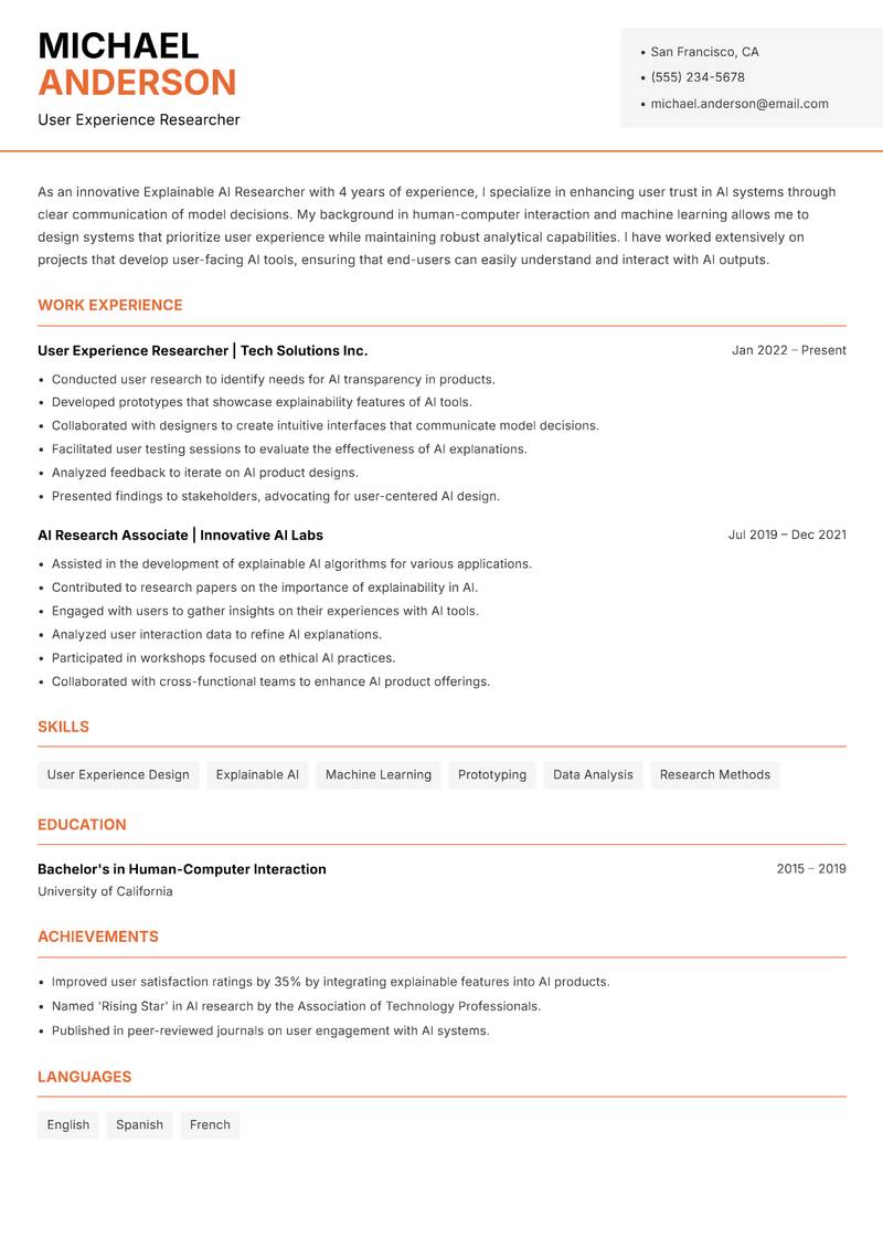 Explainable AI Researcher resume sample — User Experience Researcher focus