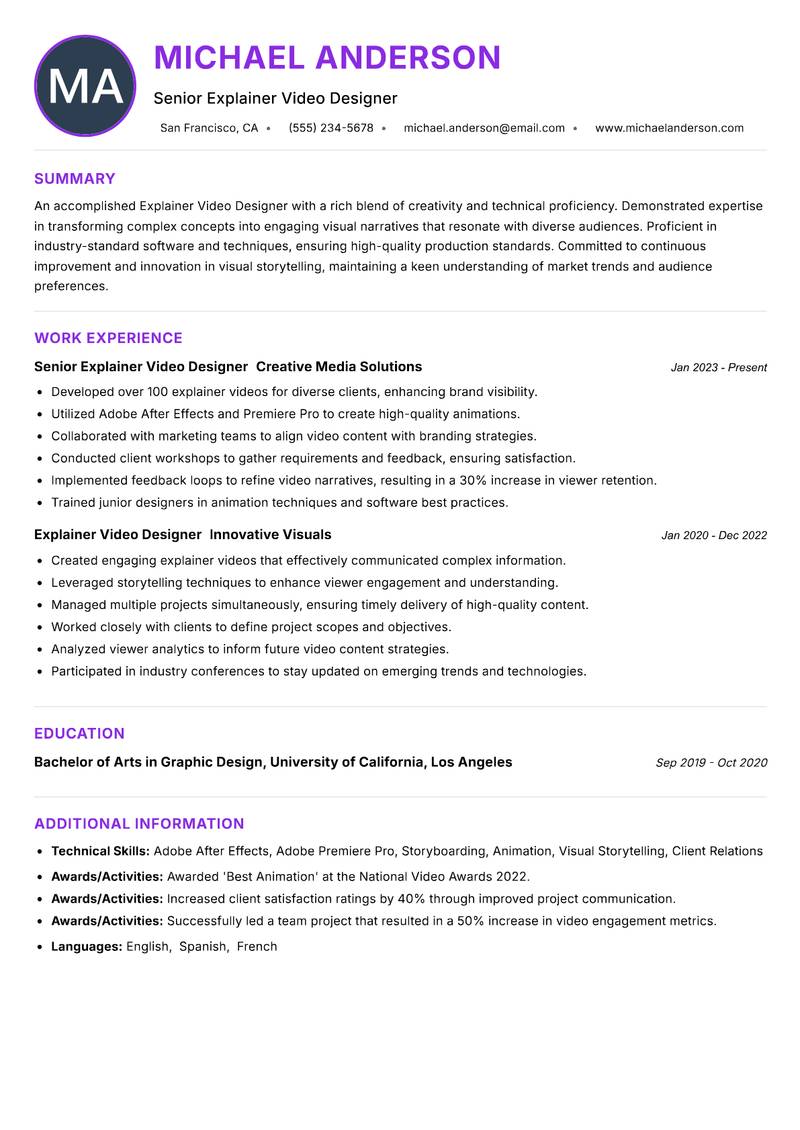 Explainer Video Designer resume example