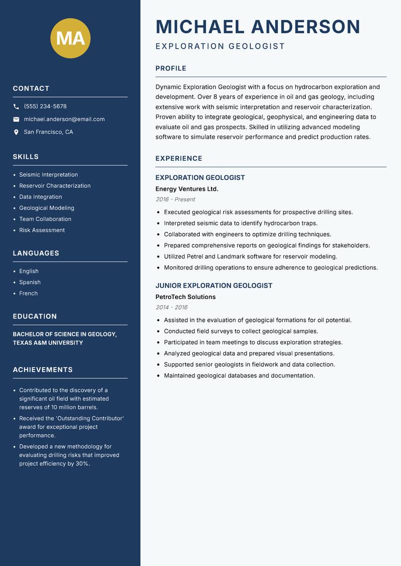 Exploration Geologist resume sample — Exploration Geologist focus