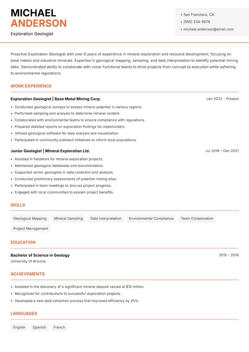 Exploration Geologist resume sample — Exploration Geologist focus