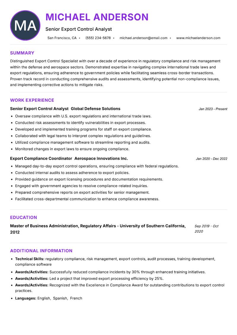 Export Control Specialist resume example