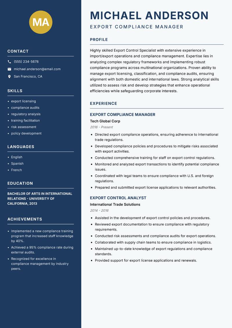 Export Control Specialist resume sample — Export Compliance Manager focus