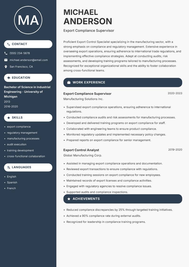 Export Control Specialist resume sample — Export Compliance Supervisor focus