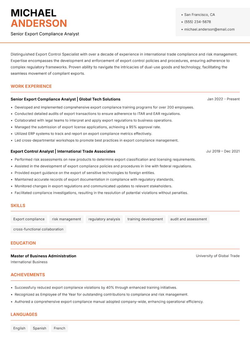 Export Control Specialist resume sample — Senior Export Compliance Analyst focus