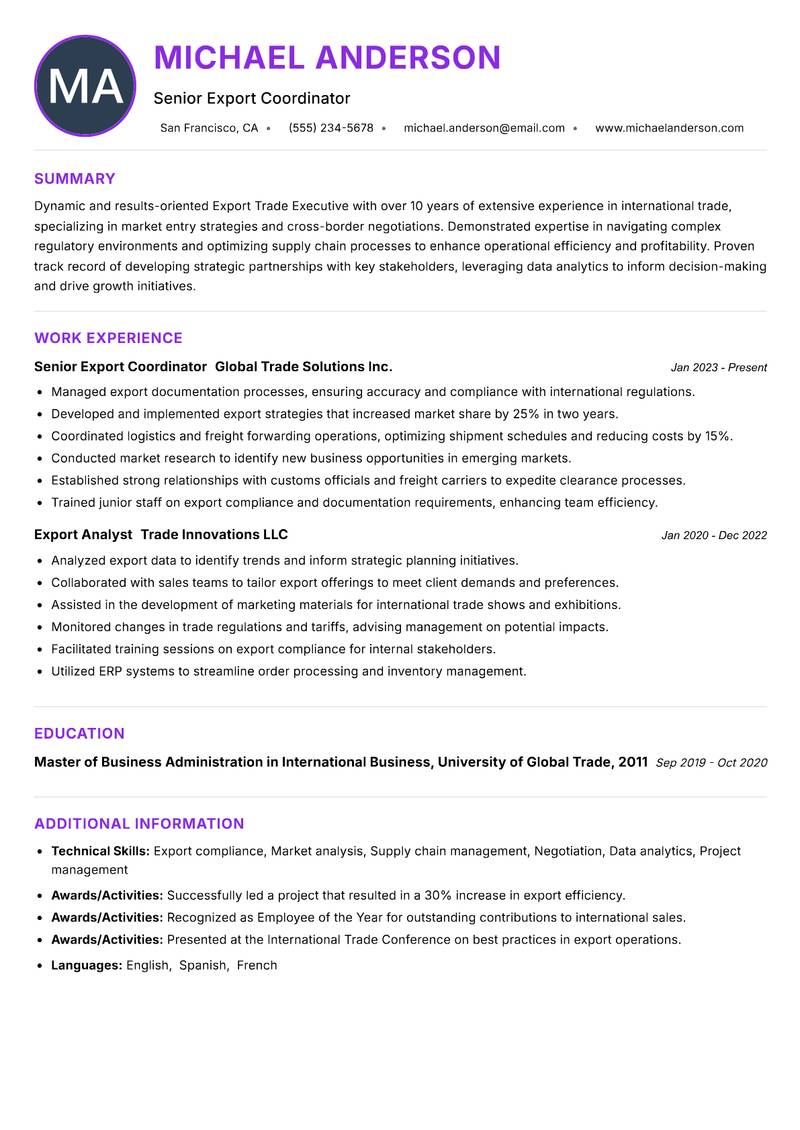 Export Trade Executive resume example
