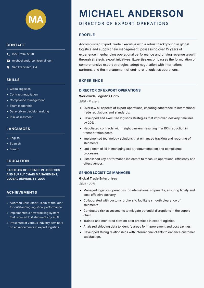 Export Trade Executive resume sample — Director of Export Operations focus
