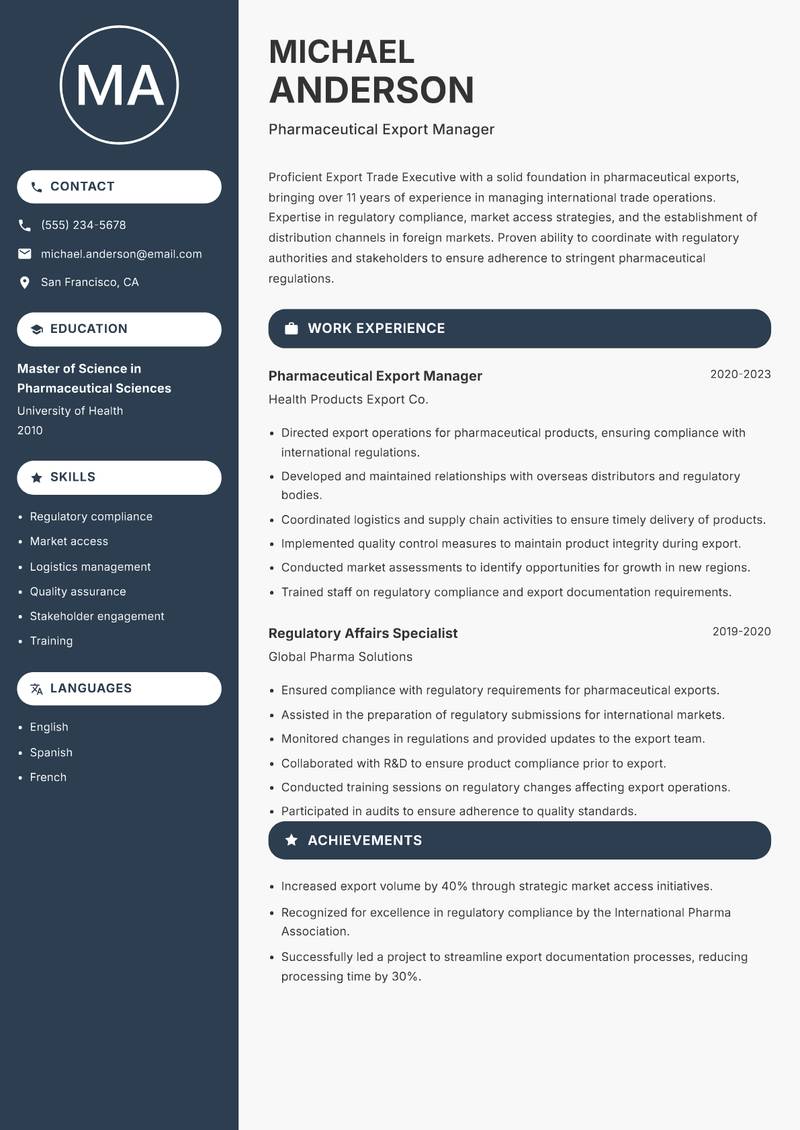 Export Trade Executive resume sample — Pharmaceutical Export Manager focus