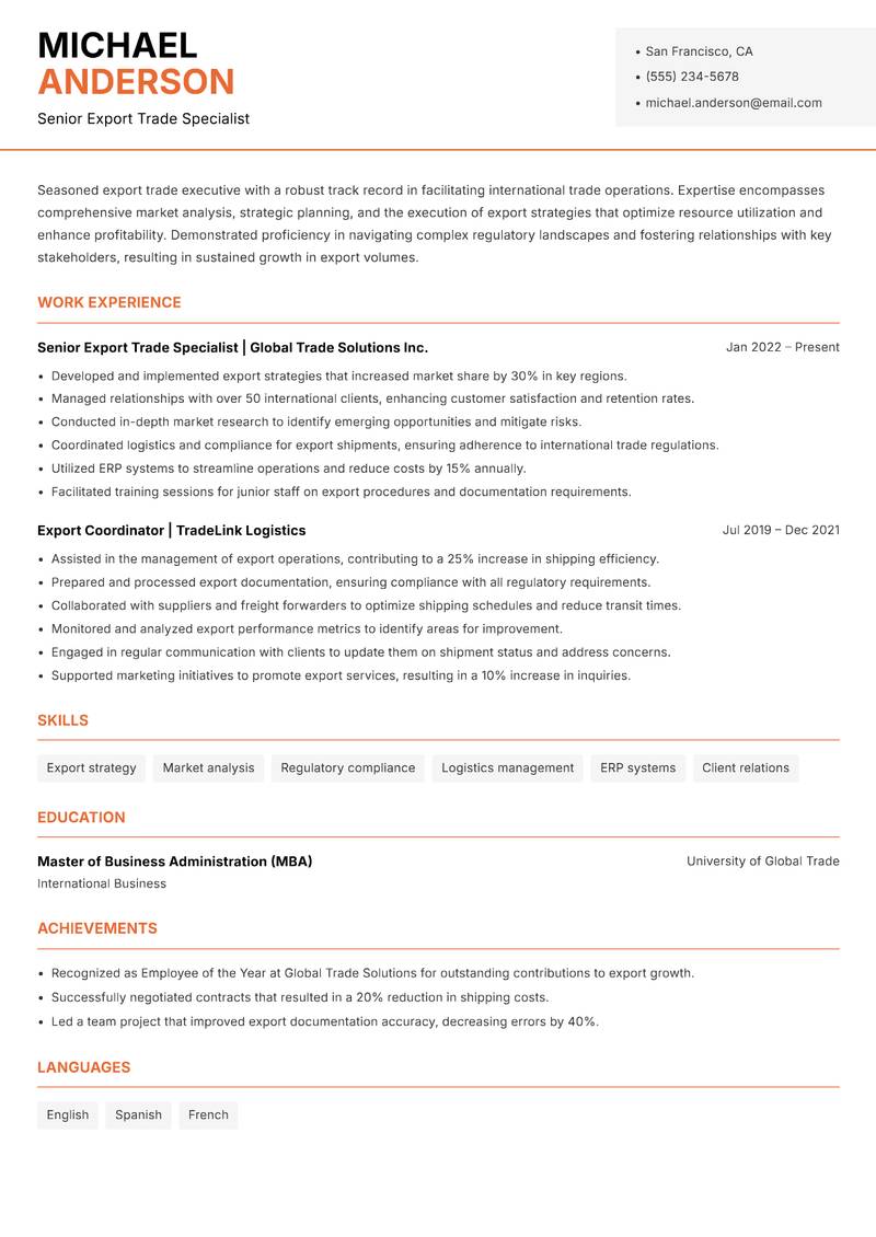 Export Trade Executive resume sample — Senior Export Trade Specialist focus