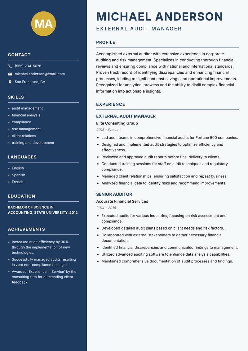 External Auditor resume sample — External Audit Manager focus