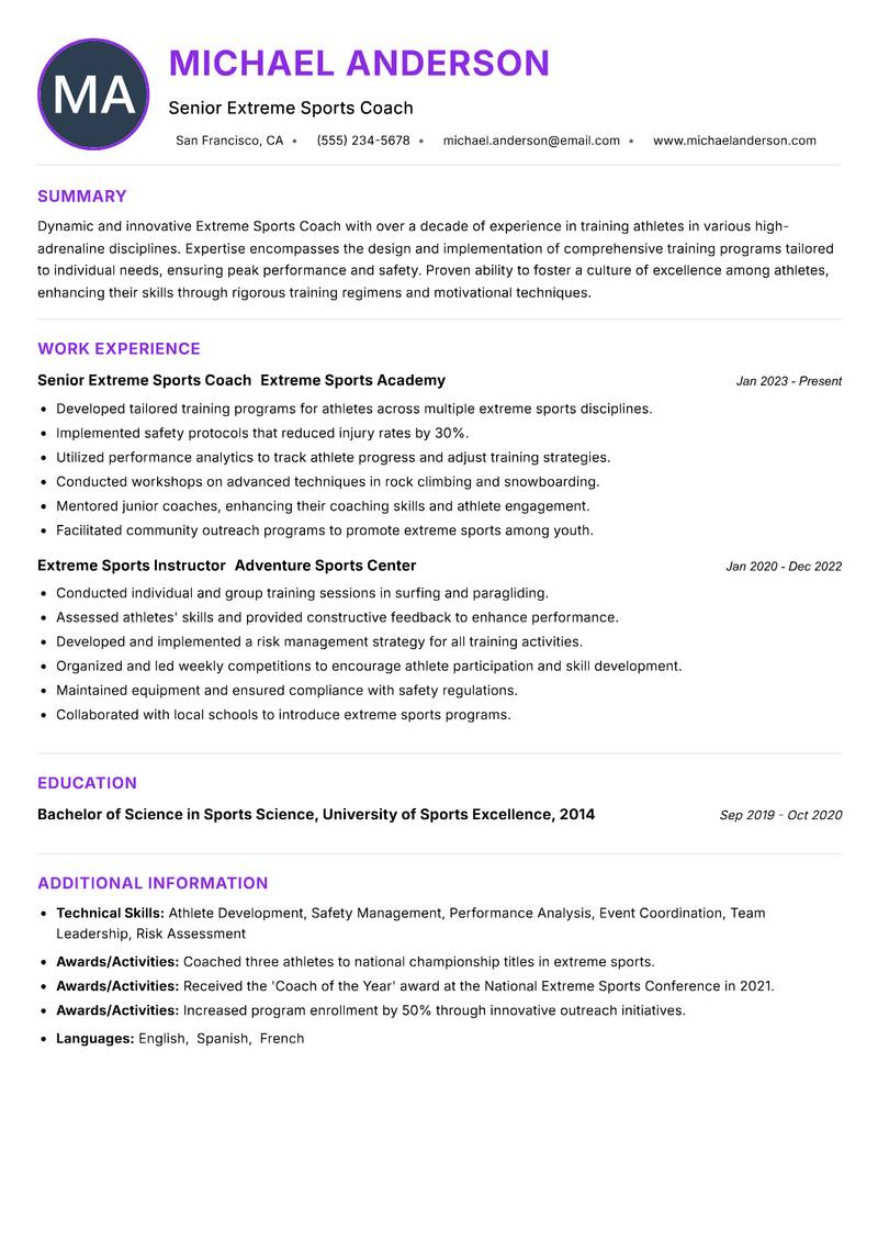 Extreme Sports Coach resume example