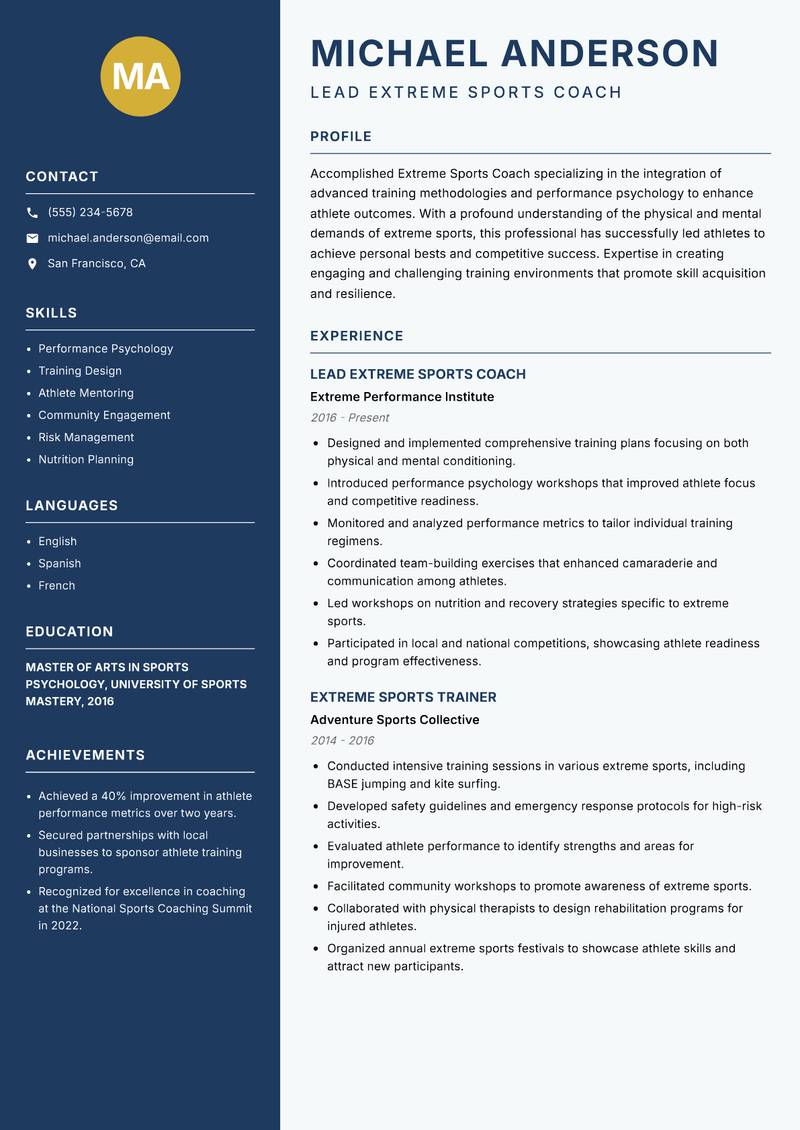 Extreme Sports Coach resume sample — Lead Extreme Sports Coach focus