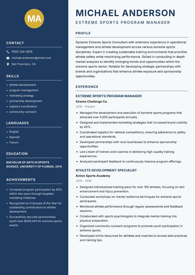 Extreme Sports Consultant resume sample — Extreme Sports Program Manager focus