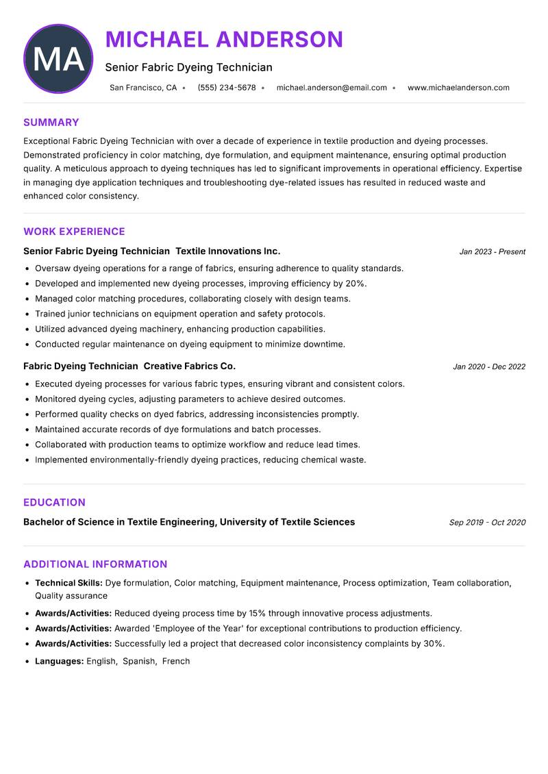 Fabric Dyeing Technician resume example