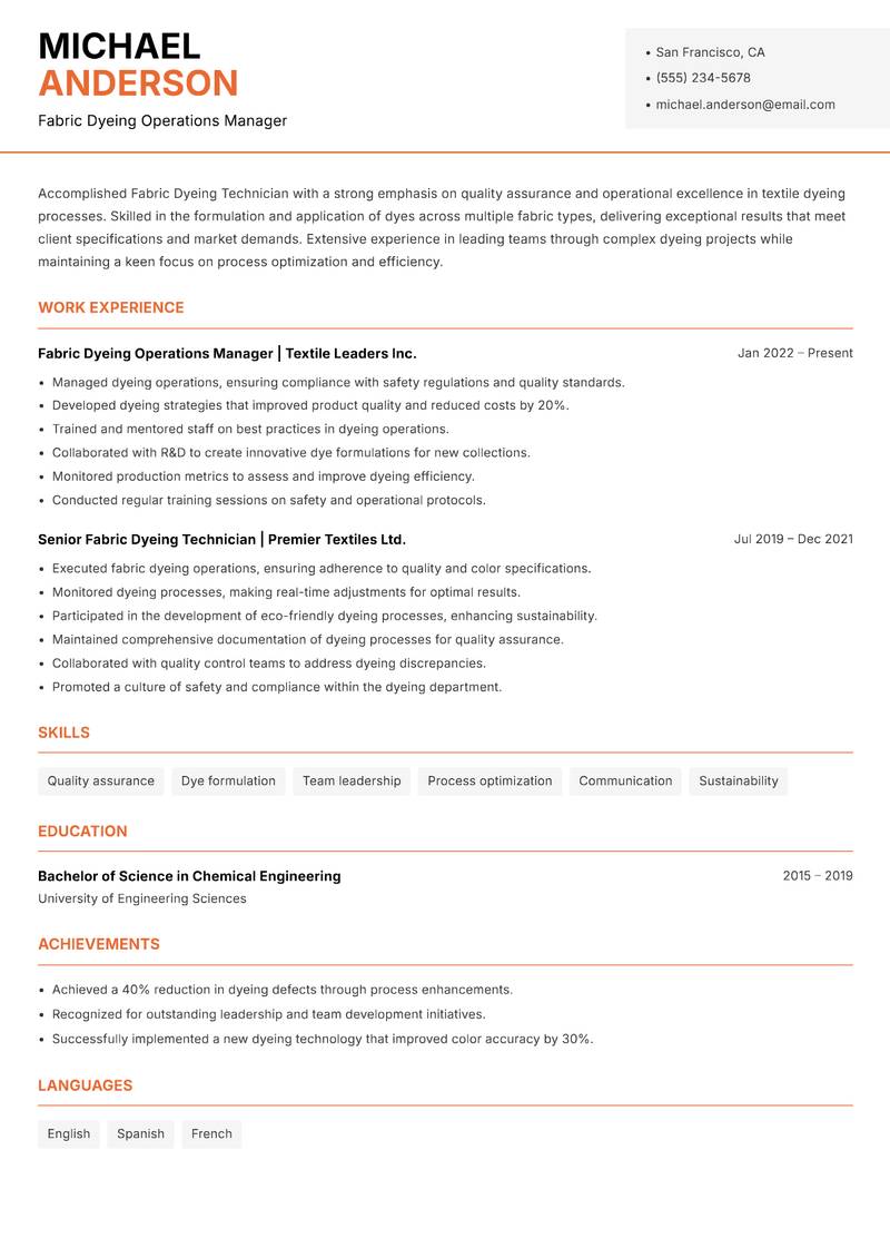 Fabric Dyeing Technician resume sample — Fabric Dyeing Operations Manager focus