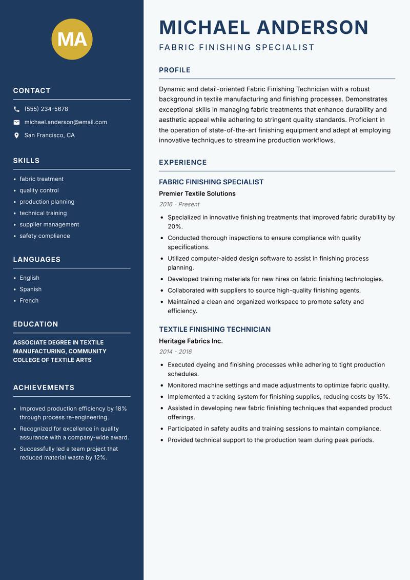 Fabric Finishing Technician resume sample — Fabric Finishing Specialist focus
