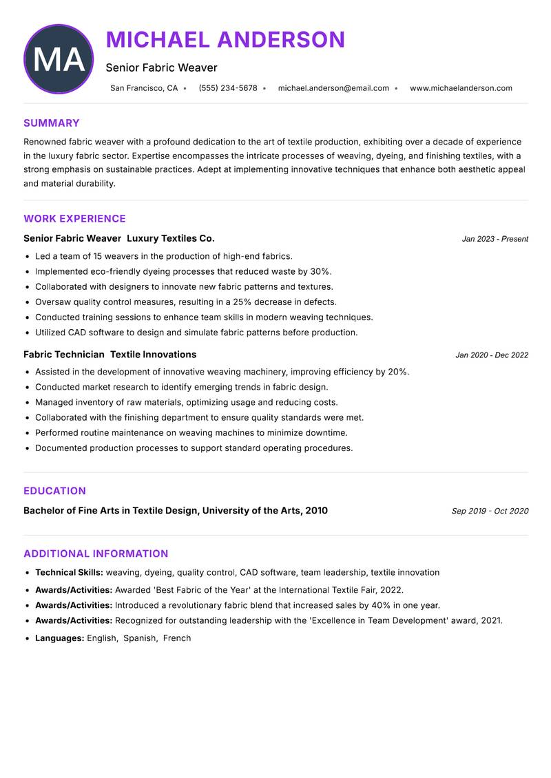 Fabric Weaver resume example