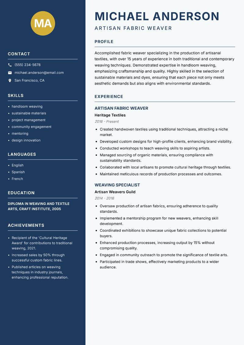 Fabric Weaver resume sample — Artisan Fabric Weaver focus