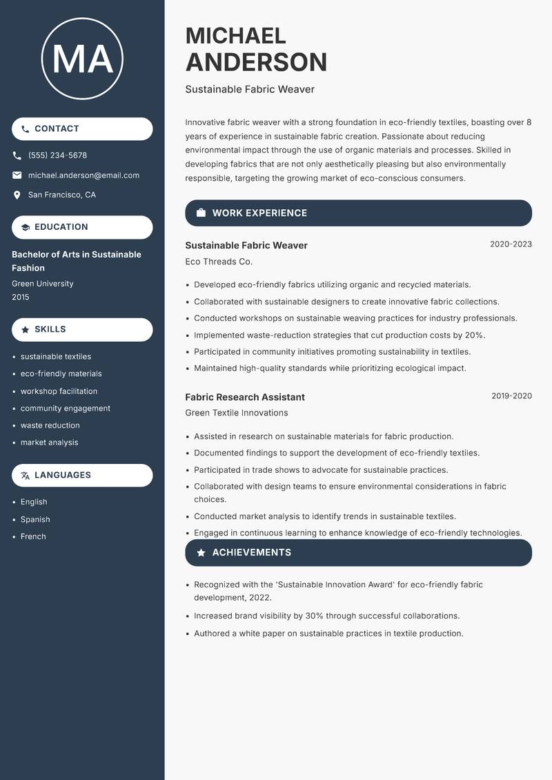 Fabric Weaver resume sample — Sustainable Fabric Weaver focus