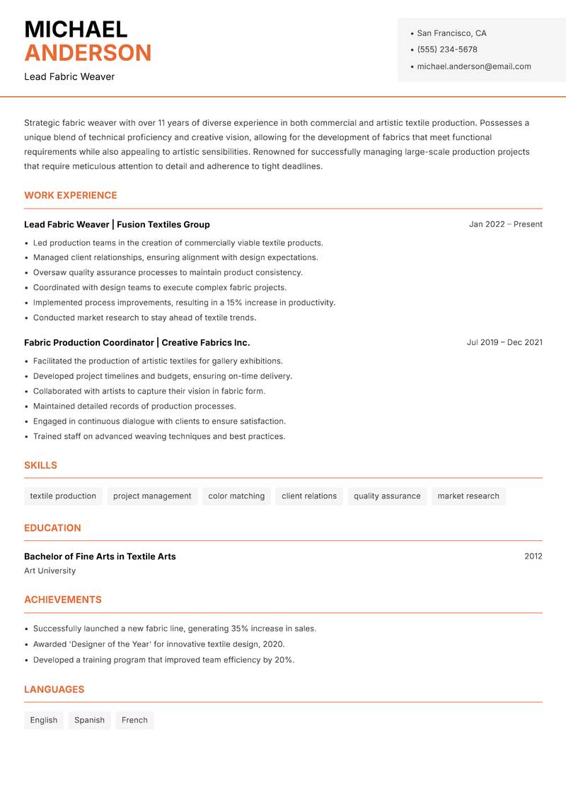 Fabric Weaver resume sample — Lead Fabric Weaver focus