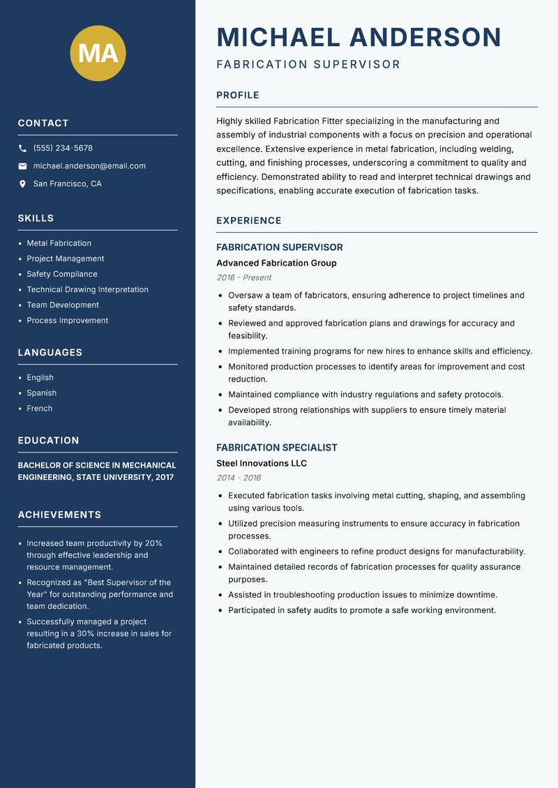 Fabrication Fitter resume sample — Fabrication Supervisor focus