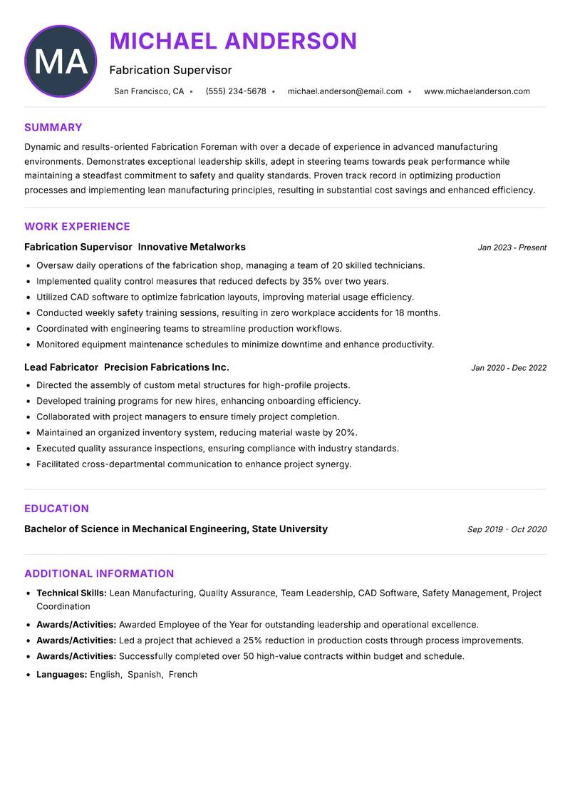 Fabrication Foreman resume example