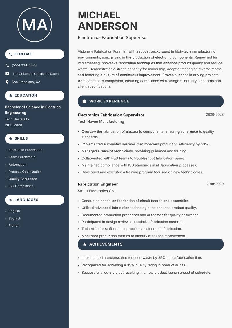 Fabrication Foreman resume sample — Electronics Fabrication Supervisor focus
