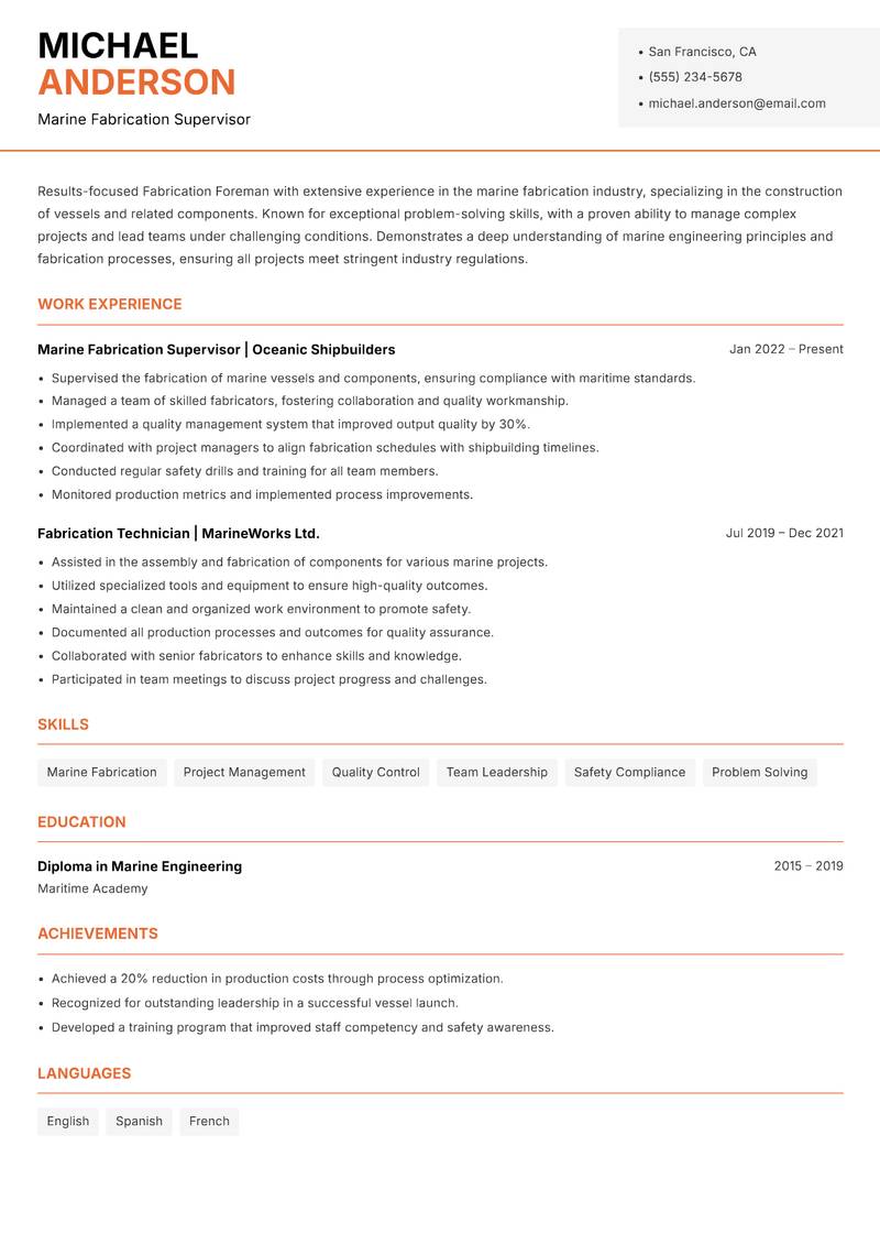 Fabrication Foreman resume sample — Marine Fabrication Supervisor focus
