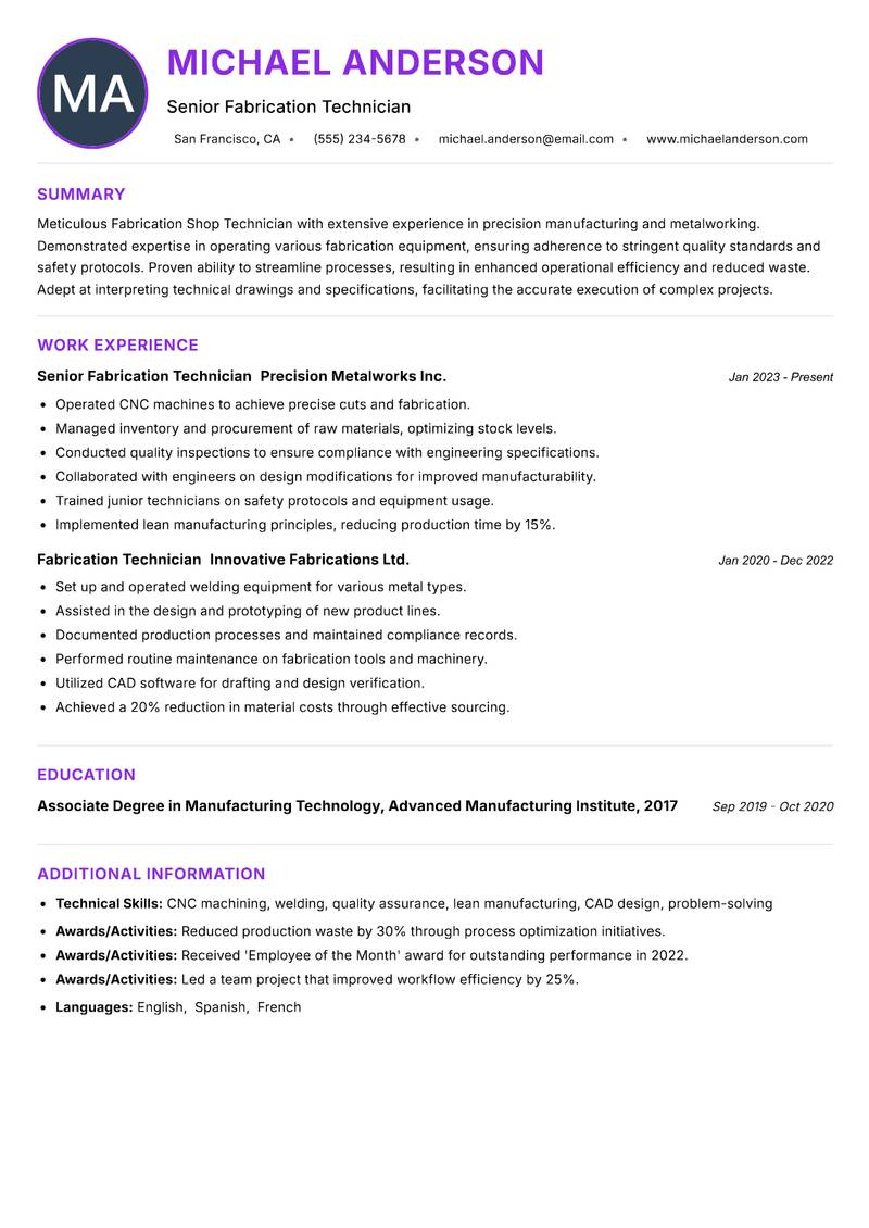 Fabrication Shop Technician resume example