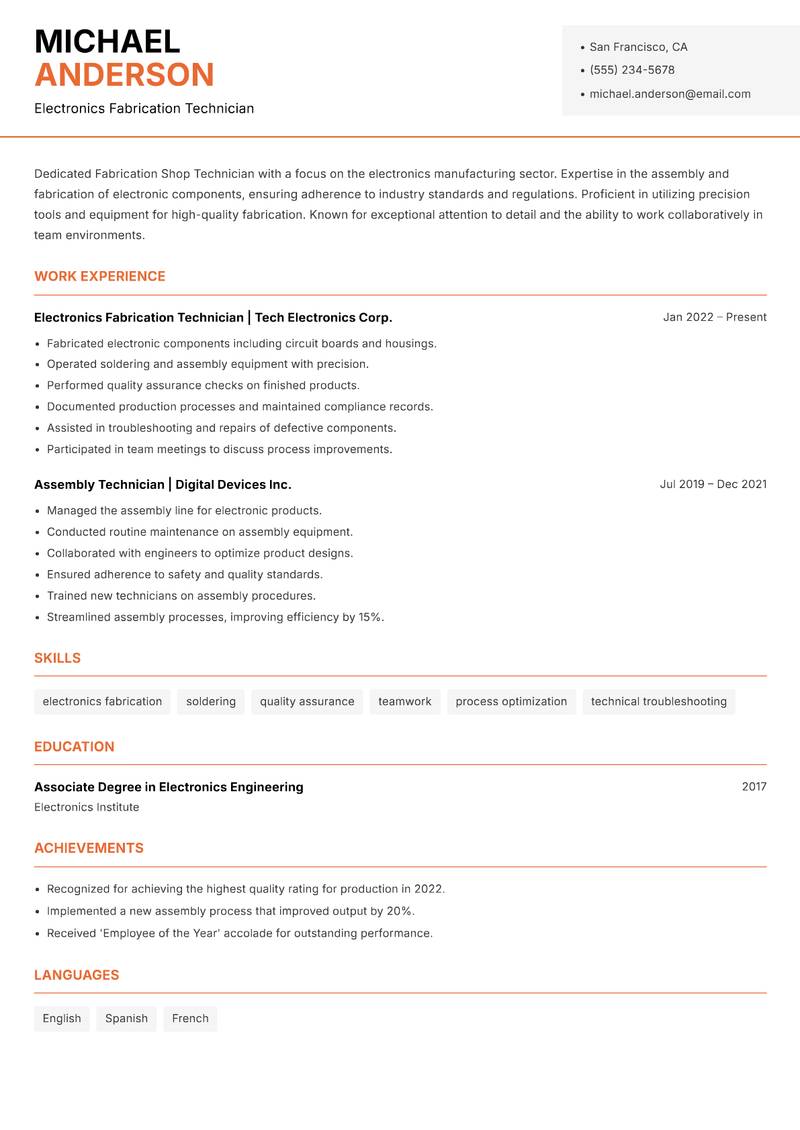 Fabrication Shop Technician resume sample — Electronics Fabrication Technician focus