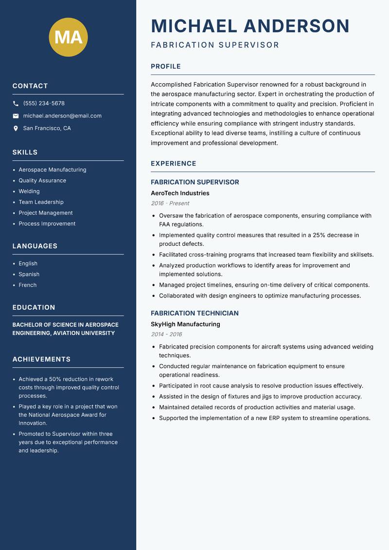 Fabrication Supervisor resume sample — Fabrication Supervisor focus